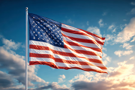 The flag of the United States proudly waves under a bright sky filled with fluffy clouds, symbolizing freedom and national pride on a sunny day.の素材