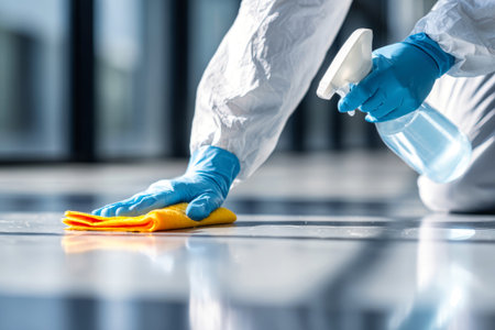A person wearing gloves sprays cleaning solution onto a cloth while kneeling to wipe a smooth floor, ensuring cleanliness in a well-lit area.の素材