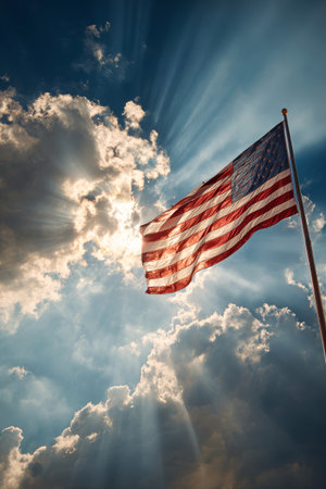 The vibrant American flag stands tall as sunlight filters through the clouds, creating a stunning backdrop of hope and freedom.の素材