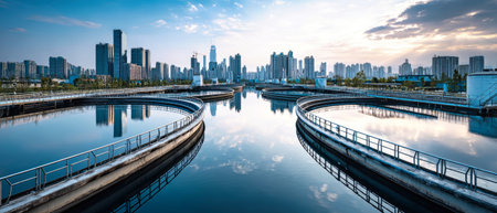 Early morning light showcases a serene scene of water treatment facilities winding through a city landscape, with towering buildings reflecting on the water's surface.の素材