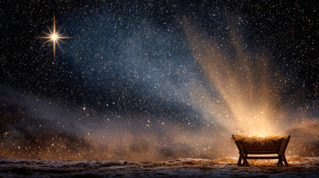 A radiant star illuminates the manger where Jesus was born, surrounded by falling snowflakes and a misty night sky filled with wonders.の素材