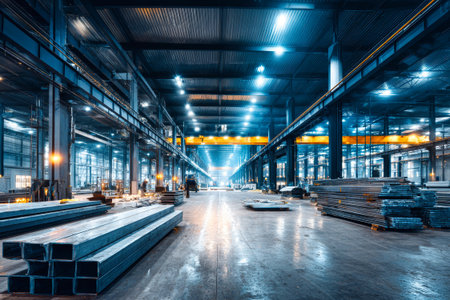 Spacious industrial area features neatly stacked steel beams under bright lights. Workers are present, contributing to ongoing construction activities.の素材