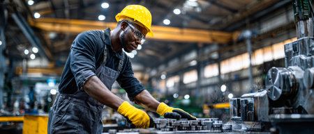 A factory worker wearing safety gear carefully assembles metal components on a workbench. The busy factory is filled with machinery and tools.の素材