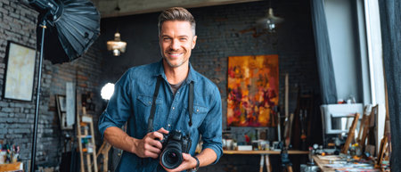 A joyful photographer stands in an art studio, showcasing a camera in his hands. The walls are decorated with vivid artwork, creating an inspiring atmosphere.の素材