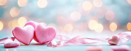A charming arrangement of soft pink hearts and delicate ribbons creates a romantic atmosphere ideal for celebrating love, set against a pastel background with dreamy lighting.の素材