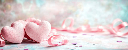 Soft pastel colors and shimmering pink hearts fill the setting, creating a dreamy ambiance for a Valentine's Day celebration. Ribbons add a touch of elegance.の素材