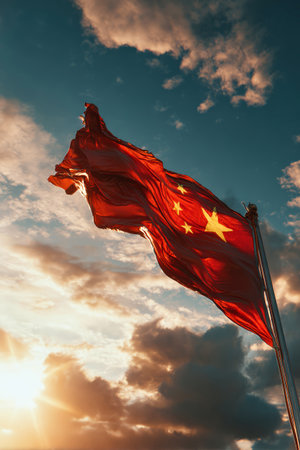 Bold Chinese flag flutters proudly against a vibrant sunset sky filled with clouds, capturing a moment of national pride and beauty.の素材