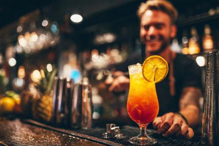 A bartender skillfully presents a colorful cocktail on the bar, while another prepares delicious drinks in the bustling nightclub atmosphere.の素材