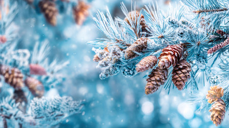 Experience a serene winter wonderland with snowy pine branches and cones, perfect for festive celebrations and holiday inspirations.の素材