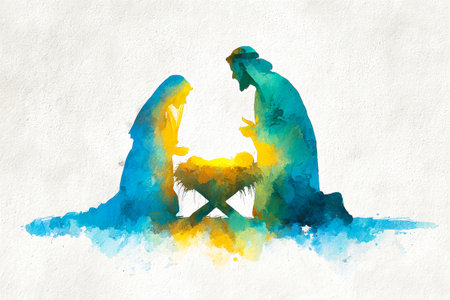 A serene depiction of Mary and Joseph lovingly gazing at baby Jesus in the manger, set against a pure white background, radiating peace and warmth.の素材