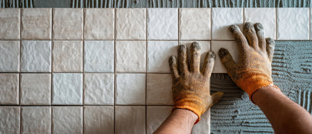 Hands in gloves carefully place ceramic tiles on textured wall, showcasing technique and precision in an inspiring construction scene.の素材