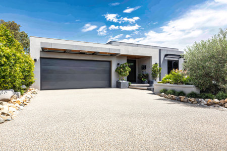 A contemporary entrance garage with a smooth driveway and well-maintained plants under a bright blue sky.の素材