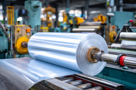 Workers operate machinery in a manufacturing facility, processing rolls of clear plastic sheets under bright lighting. The environment is busy and productive.の素材