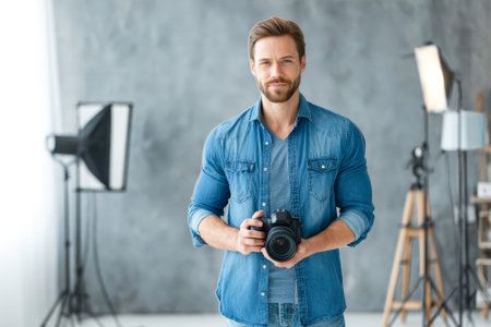 A talented photographer stands confidently in a well-lit studio, ready to capture stunning images with professional equipment in hand.の素材