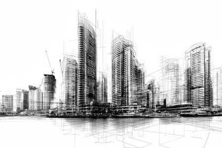 City skyline features a blend of sleek skyscrapers and hand-drawn elements, showing the beauty of urban development in a unique artistic perspective.の素材