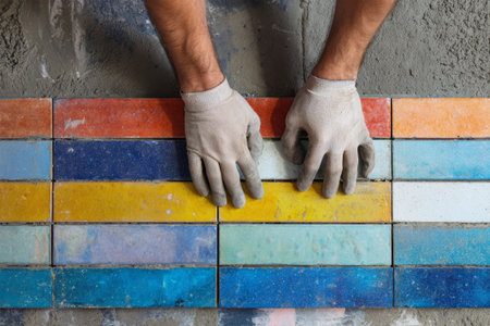 Hands in gloves carefully position colorful ceramic tiles on a concrete wall, creating a striking design with a unique blend of colors and textures under studio lighting.の素材