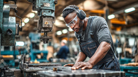 A dedicated worker uses a machine in a busy factory. He wears safety gear and concentrates deeply on his task as other workers are seen in the background.の素材