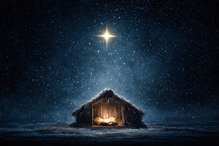 A bright star shines above a rustic wooden manger, casting light on baby Jesus nestled inside. Snowflakes fall, creating a festive and enchanting atmosphere.の素材