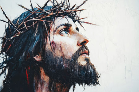 In this striking portrayal, Jesus wears a crown of thorns, his gaze directed upwards, evoking intense emotion.の素材