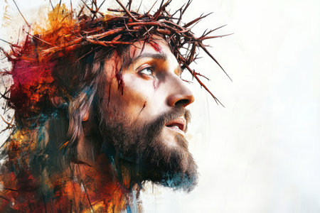 Portrayed with a crown of thorns, Jesus embodies a striking blend of emotion and strength against a stark white backdrop, evoking contemplation and reverence.の素材