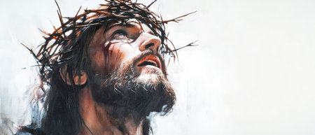 A profound portrayal of Jesus wearing a crown of thorns, expressing a deep connection to spirituality and resilience in a minimalist and striking artistic style.の素材