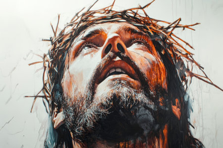 Jesus gazes upward, crowned with thorns, embodying a powerful blend of pain and serenity against a stark white background, inviting contemplation on sacrifice and hope.の素材