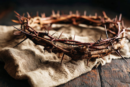 Crown of thorns positioned on a linen cloth atop a wooden table, symbolizing sacrifice in a serene setting with ample empty space for text.の素材