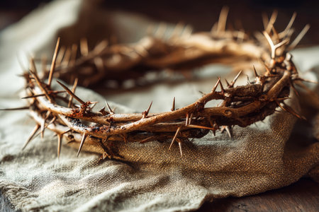 Crown of thorns placed on a linen cloth atop a wooden table, evoking a sense of spirituality and reflection, with ample space for text or contemplation.の素材