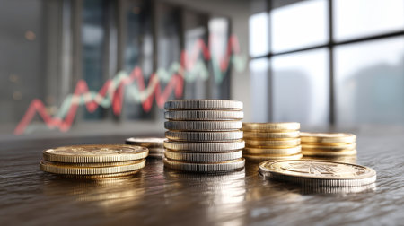 Coins are stacked on a wooden surface with dynamic stock market graphs displayed in the background, creating a conceptual view of the finance industry.の素材