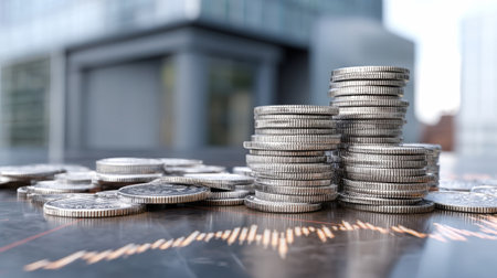 Stacks of coins are displayed alongside stock market graphs against a blurred bank building, showcasing a blend of finance and digital aesthetics.の素材