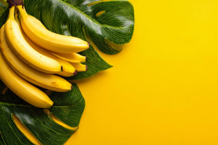 A delightful arrangement of fresh bananas and tropical leaves against a bold yellow background creates a vibrant composition perfect for any design or text overlay.の素材