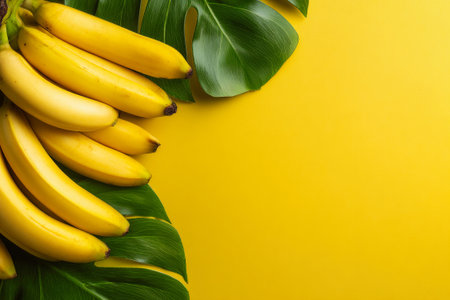 Vivid bunches of bananas rest on lush tropical leaves, creating a cheerful composition against a radiant yellow background. Perfect for vibrant designs.の素材