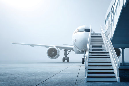 Metal steps ready stand beside a sleek airplane, catching the soft glow of morning light. The scene evokes a sense of adventure and anticipation for travelers.の素材