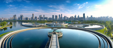 A modern water treatment plant showcases stunning circular pools surrounded by greenery, capturing the vibrant city skyline beneath a clear midday sky.の素材