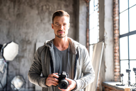 A man holds a camera, showcasing his passion for photography in a well-lit studio. The warm light complements the industrial-style setting behind him.の素材