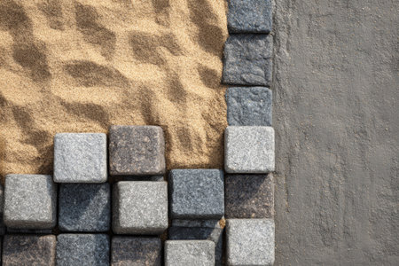 Gray cobblestones and fine sand lie on the ground at a pavilion construction site, showcasing the process of creating a charming outdoor patio area.の素材