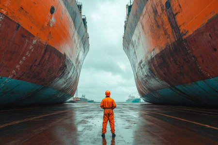 Two shipyard workers in orange hard hats stand between giant cargo ships, gazing at the horizon while discussing work in an industrial harbor setting.の素材