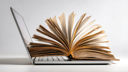 A book rests open on a laptop keyboard, showing the blend of traditional reading and modern technology in a serene learning environment.の素材