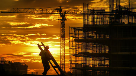 At sunset, a silhouette of a builder carries a stepladder, with scaffolding and cranes outlining the busy construction site, illuminated by golden hour light.の素材