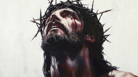 A powerful depiction of Jesus with a crown of thorns gazing upward, symbolizing suffering and hope against a minimalist white backdrop, evoking deep reflection.の素材