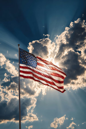 Bright sun shines behind a waving American flag, casting rays through fluffy clouds. This serene scene evokes feelings of patriotism and freedom.の素材
