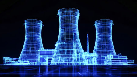 Futuristic depiction of a nuclear power plant features blue glowing wireframe structures of smoke stacks and towers against a dark backdrop, showcasing energy generation.の素材