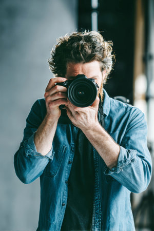 A man focuses intently on his camera, ready to capture the essence of the bustling city scene around him during afternoon light.の素材