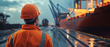 Two shipyard workers in bright orange hard hats engage in conversation about their tasks while giant cargo ships loom behind them under a twilight sky.の素材