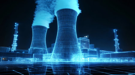 A wide-angle view of a digital wireframe nuclear power plant emerges at night, featuring glowing blue lines and white steam escaping the smokestacks.の素材