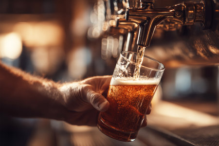 A close-up view of a man's hand expertly pouring golden lager into a glass, set against the backdrop of a bustling bar filled with energy and warmth.の素材