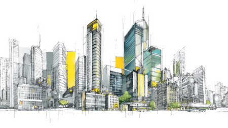 This artwork features a lively city skyline filled with diverse buildings, lush greenery, and bright accents against a backdrop of clear blue skies, capturing urban life.の素材