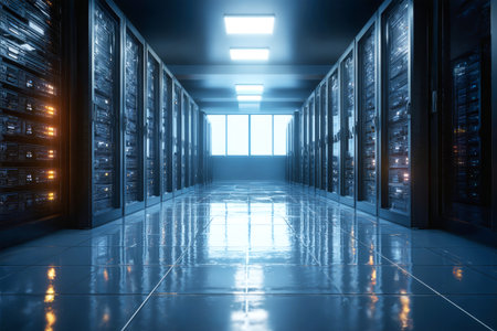 Rows of servers line a sleek corridor in a modern data center, brightened by natural light from large windows at the end of the space.の素材