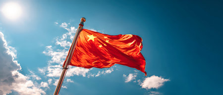 Bright sunlight illuminates the Chinese flag, which flutters gracefully against a clear blue sky. Fluffy clouds enhance the tranquil scenery.の素材