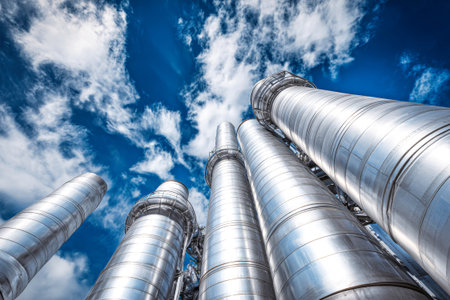 Tall metal chimneys of a factory stretch upward against a clear blue sky, surrounded by soft white clouds on a sunny day.の素材